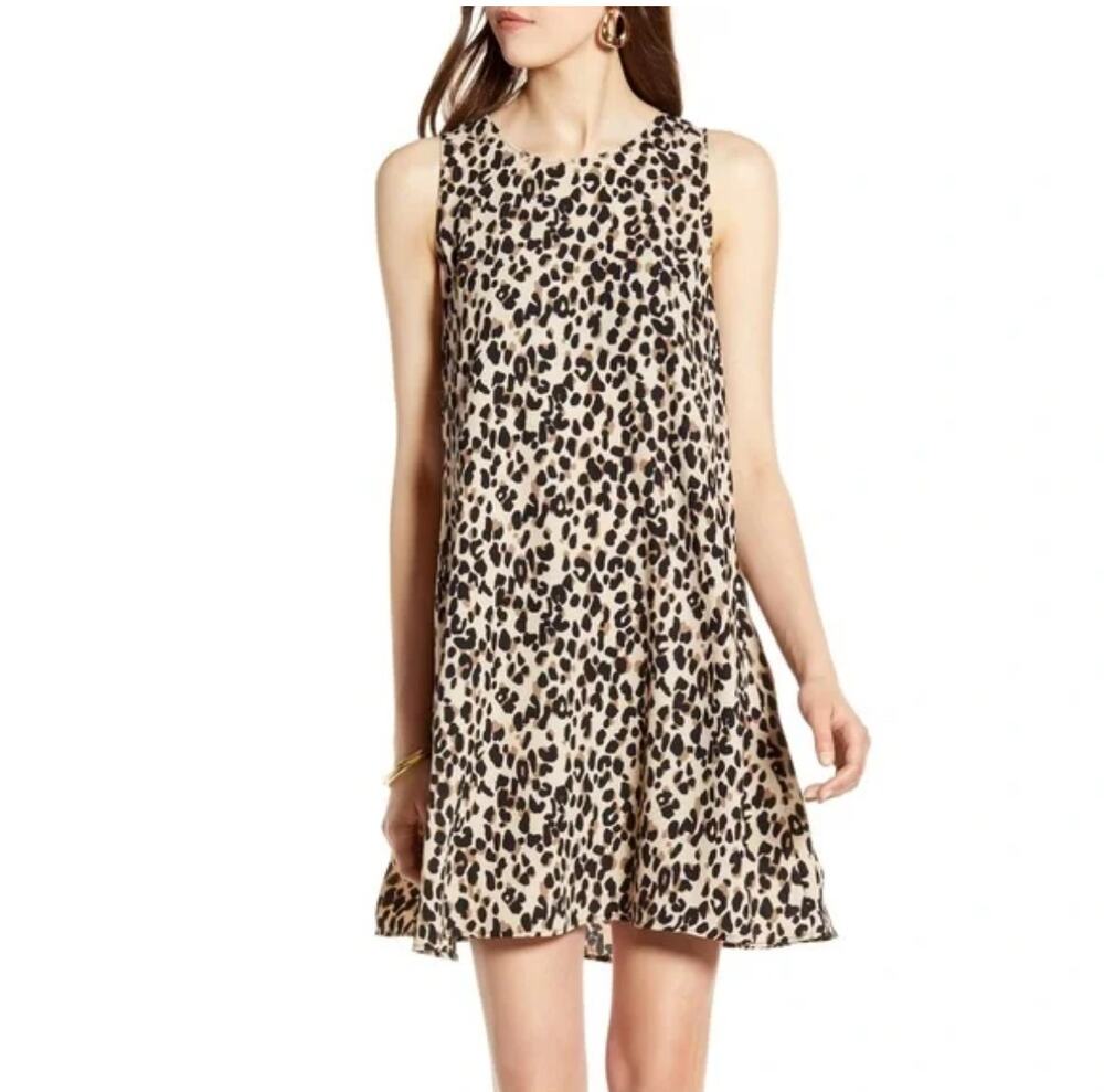 Halogen Leopard Swing Dress Womens Small Black Tan Animal Print Flowy